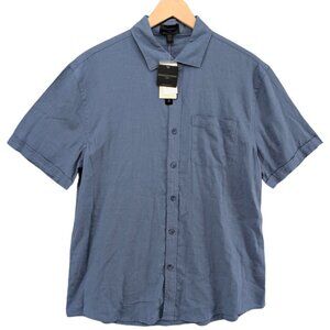 Magaschoni Man Linen Blend Shirt Mens Slate Blue Short Sleeve Front Pocket Sz M
